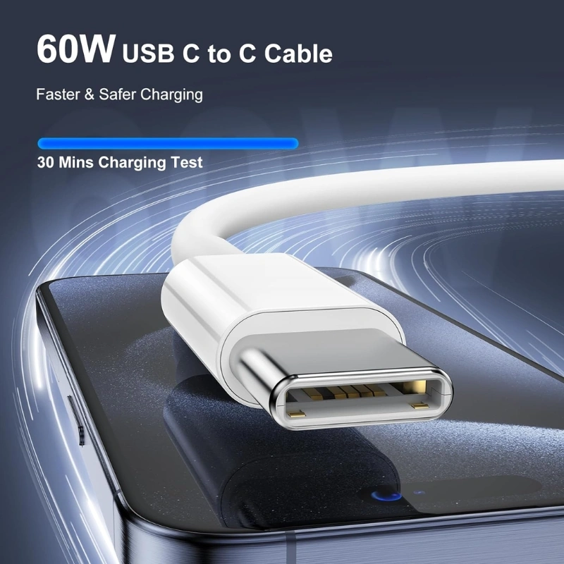 60W USB-C to USB-C Fast Charging Cable – 5A Nylon Braided Type-C Cable with Nickel-Plated Connectors, High-Speed Data Transfer for iPhone 15/16, iPad, Android & USB-C Devices - Image 2