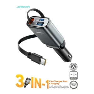 Joyroom JR-CCL07 3-in-1 Retractable Fast Car Charger (2025 Upgrade) – 45W PD + PPS Super Fast Charging, Retractable 80cm USB-C Cable, Dual Ports (USB-C + USB-A), 180° Adjustable Head, Slim Compact Metal Body, Smart Overheat & Short-Circuit Protection – Compatible with iPhone 16/15/14, Samsung S25/S24, Huawei, Xiaomi – Dark Grey