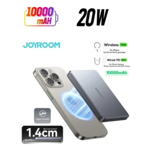 Joyroom JR-PBM08 Pro Grey Magnetic Power Bank 10000mAh – Ultra-Thin Metal Design, 20W PD Fast Charging + 15W Wireless, MagSafe Snap-On, Dual Input (Type-C & Lightning), Includes 60W Type-C to Type-C Cable – Grey