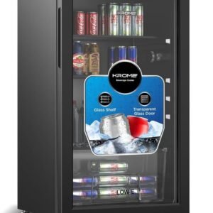 Krome Beverage Cooler 120L, Free Standing, Single Door, 2 Glass Shelves, Crisper Drawer, Blue LED Light, Recessed Handle, Manual Temperature Control, Eco-Friendly R600a, Black