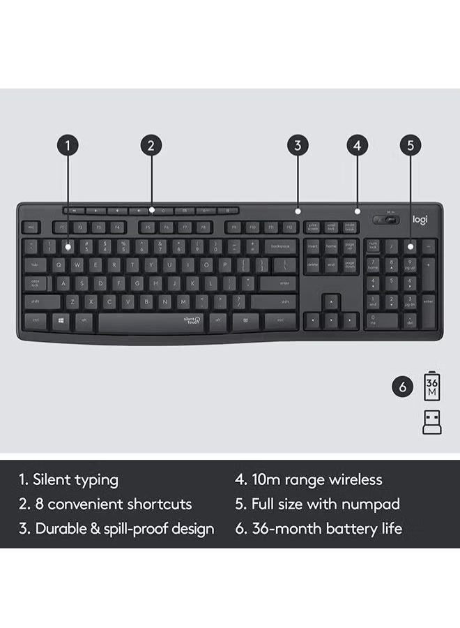 Logitech MK295 Silent Wireless Keyboard and Mouse Combo Black – 2.4GHz Wireless, Silent Touch Technology, Nano USB Receiver, 10m Range, English Arabic Layout - Image 3