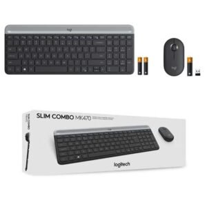 Logitech MK470 Slim Wireless Keyboard and Mouse Combo – Ultra-Thin Low Profile, Whisper-Quiet Typing, 2.4GHz USB Receiver, Long Battery Life, Optical Mouse, US English Layout – Black/Grey