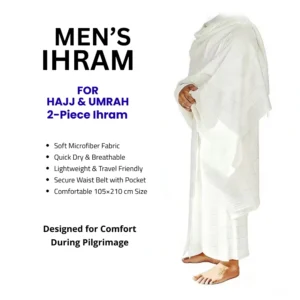 Men’s Ihram for Hajj & Umrah – 2-Piece Microfiber Ahram Towel Set, Quick Dry, Lightweight & Breathable, White 105x210 cm