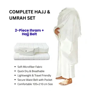 Men’s Ihram for Hajj & Umrah 2-Piece Set with Hajj Belt – Microfiber Towel, Quick Dry, Lightweight, Travel Waist Belt, White 105x210 cm