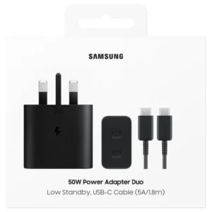Samsung 50W Duo Power Adapter with USB-C Cable 5A 1.8m Dual-Port Fast Charging 3-Pin for Multiple Devices - Black Black