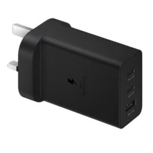 Samsung 65W PD Power Adapter Trio EP-T6530 Black – 2 USB-C & 1 USB-A Fast Charger, UK Plug, 65W Super Fast Charging Wall Adapter