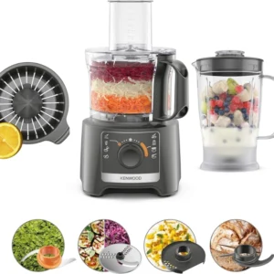 Kenwood FDP31.270GY 800W Multi-Functional Food Processor with Blender, Citrus Juicer, Dough Tool & Reversible Slicing Discs – Grey